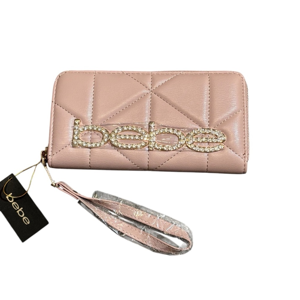 BEBE‎ Zaza Quilted Zip Around Rhinestone Logo Wristlet - Mauve